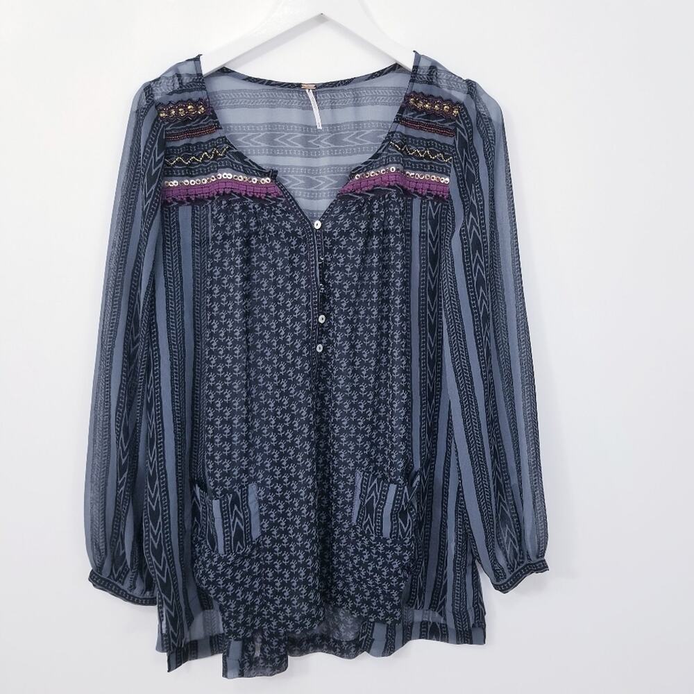 Free People Oversized Embellished Sheer Blouse